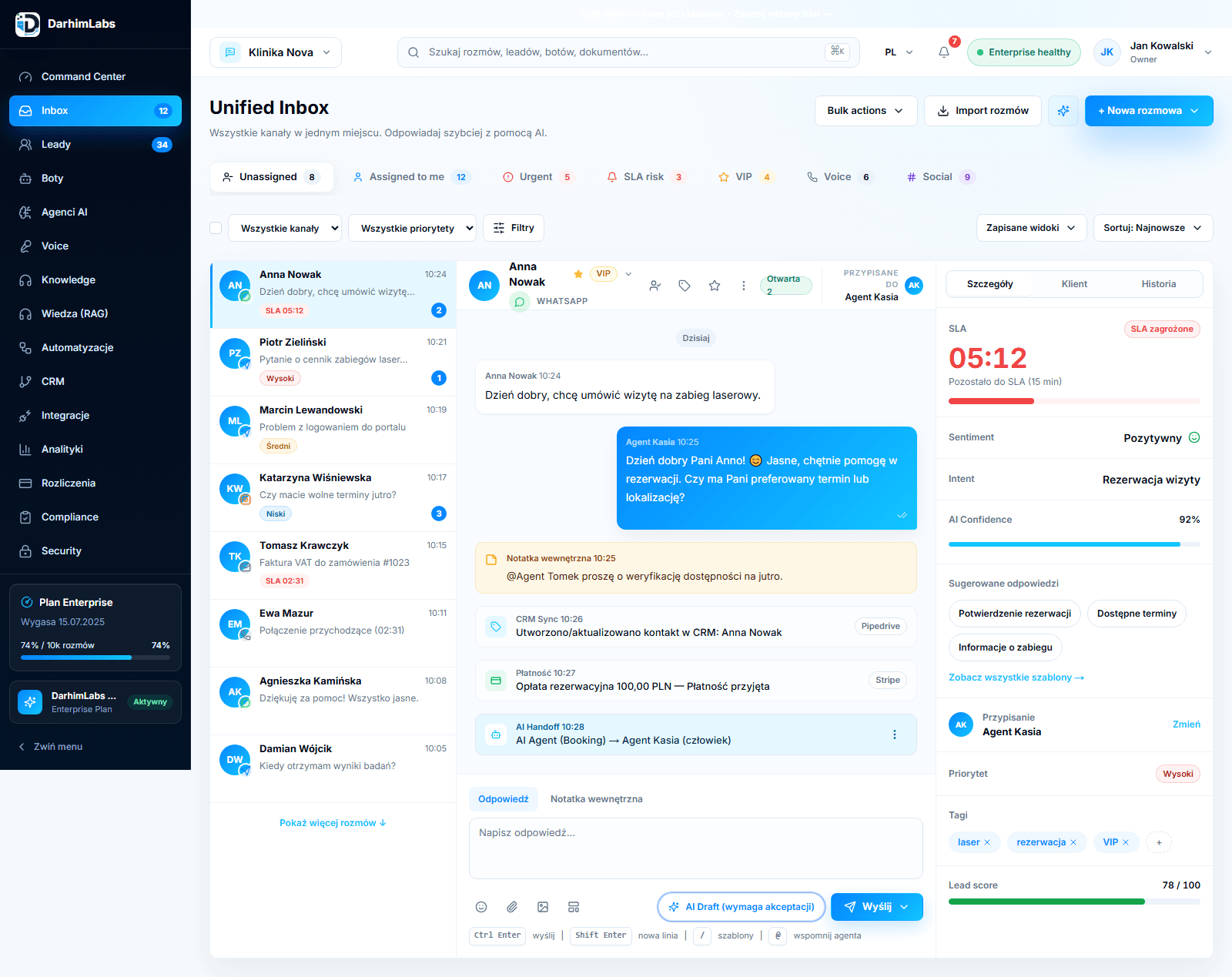 Widok DarhimLabs Unified Inbox z lista rozmow, czatem, SLA i panelem klienta