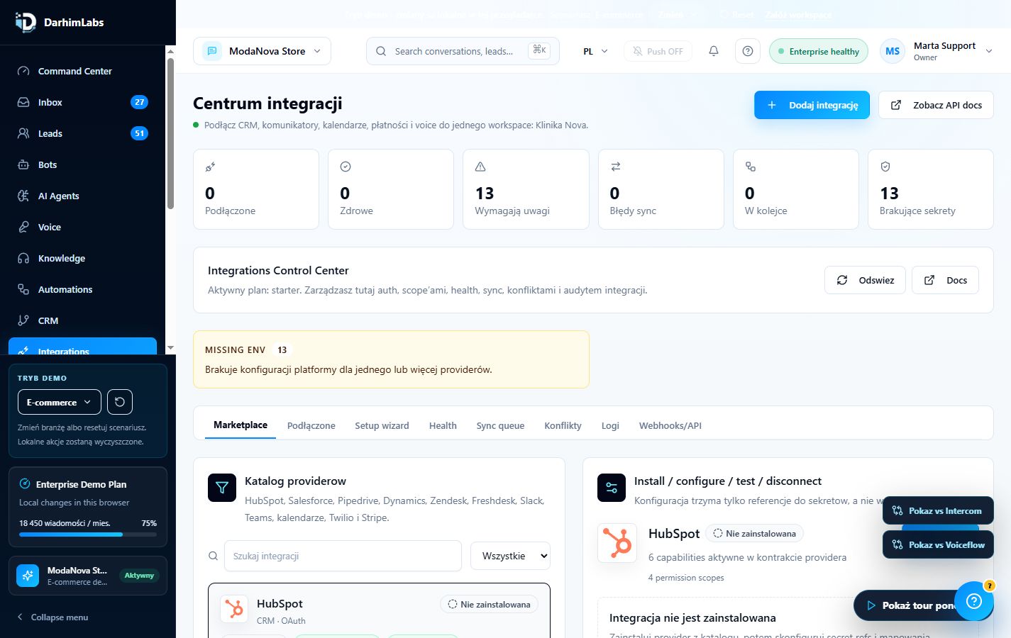 Real DarhimLabs integrations dashboard screenshot with provider catalog, setup, health checks and API controls